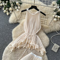 French chic white sleeveless pleated mini dress - summer lace trim, elegant & versatile workwear set