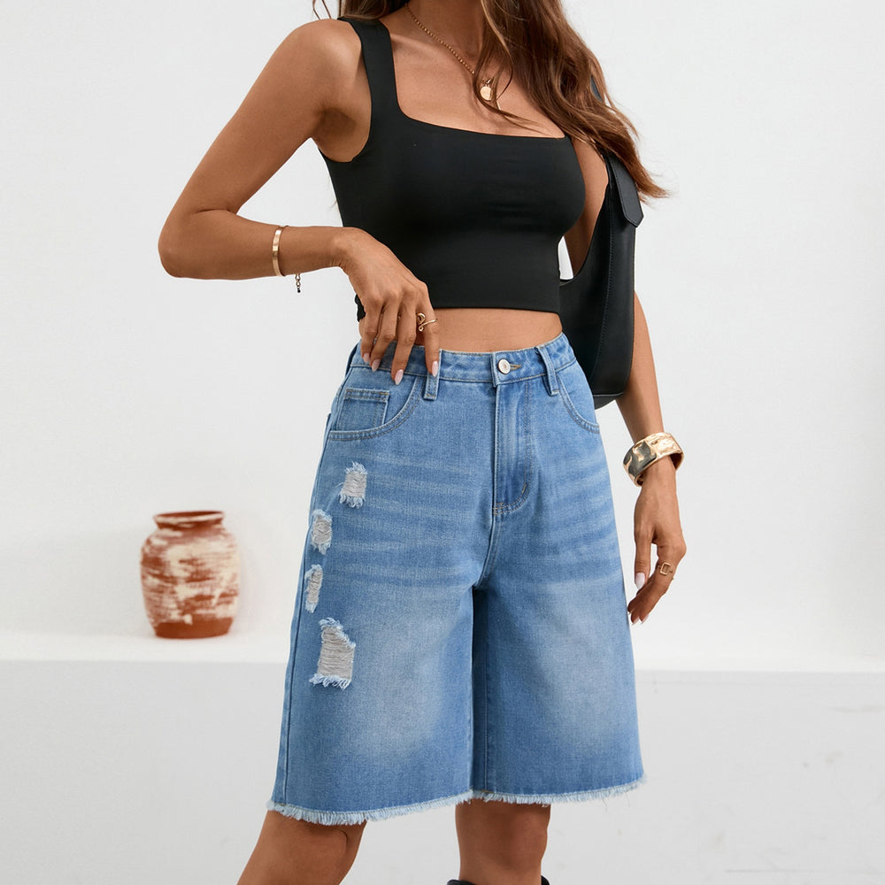 Fashion cross-border foreign trade  independent station denim ripped half-length pants  fashion raw edge tassel jeans