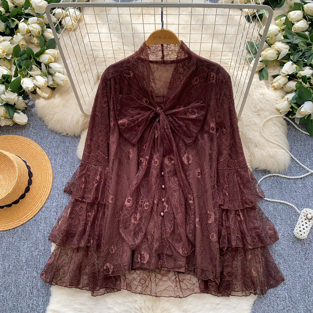 French chic red lace bow blouse - women's spring/autumn long sleeve, loose fit, youthful & elegant top