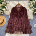 French chic red lace bow blouse - women's spring/autumn long sleeve, loose fit, youthful & elegant top