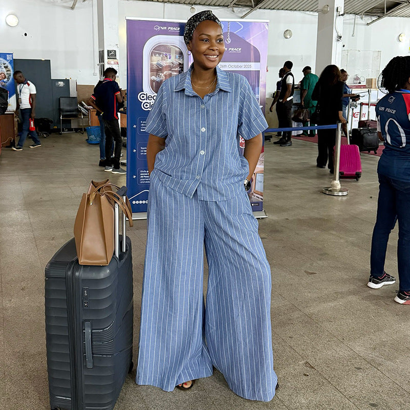 European and american women's clothing  autumn new collection: sweet and fresh striped turn-down collar short-sleeve shirt and high-waisted straight-leg pants two-piece set