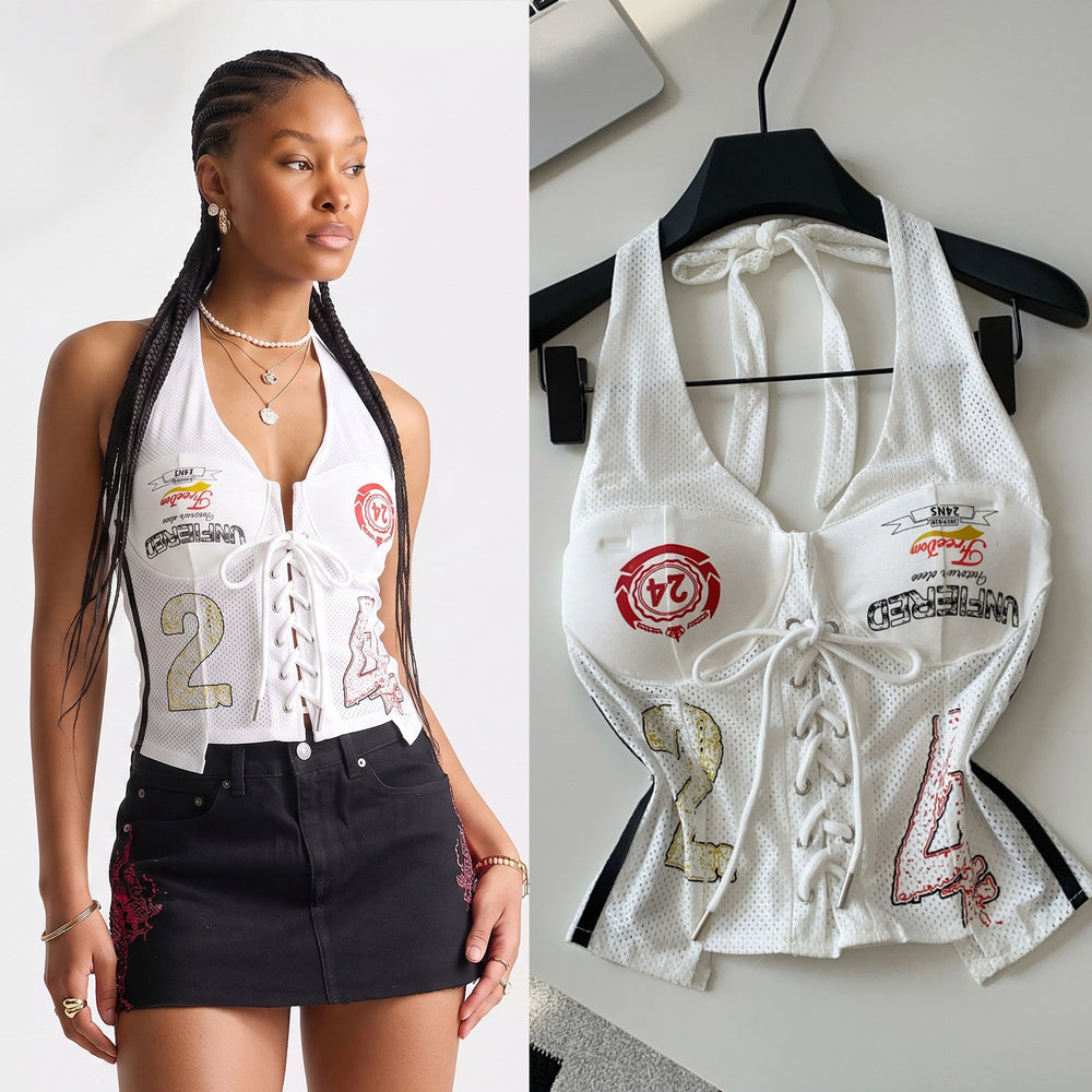American retro letter print tie-up halter tank top - women's summer versatile slim-fit sleeveless top ( collection)
