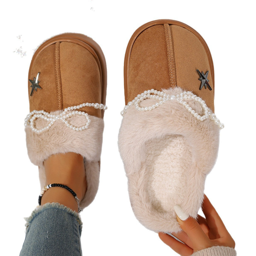 Fleece-linedthickenedheattech cotton slippers for women new arrival pearl bowsoutwear home indoor soft bottomstuffed cotton slippers