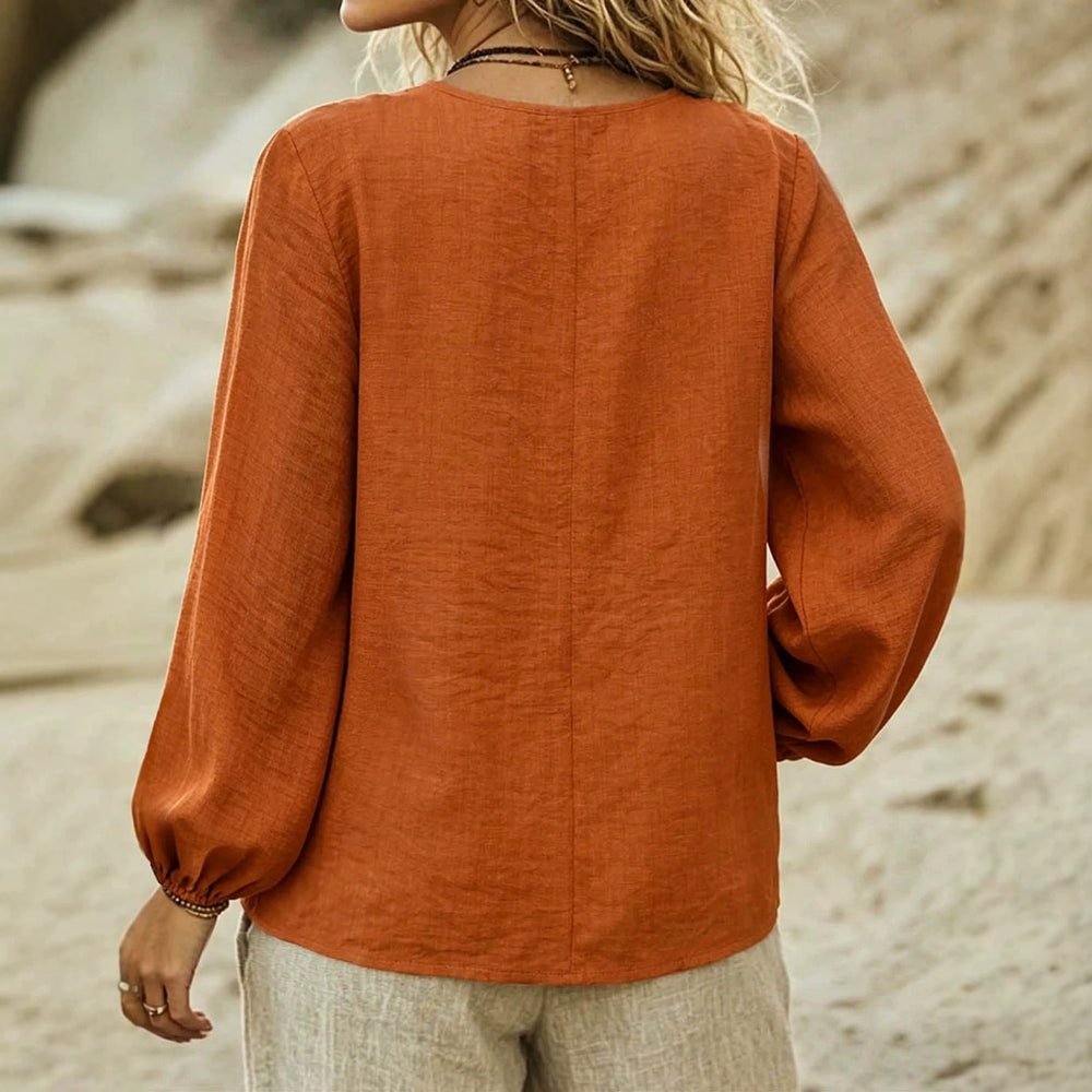 Ethnic style printinglong sleeves t-shirt deep v neck exquisite printing lantern sleeves relaxed vacation style orange loose shirt