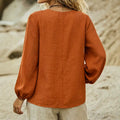 Ethnic style printinglong sleeves t-shirt deep v neck exquisite printing lantern sleeves relaxed vacation style orange loose shirt