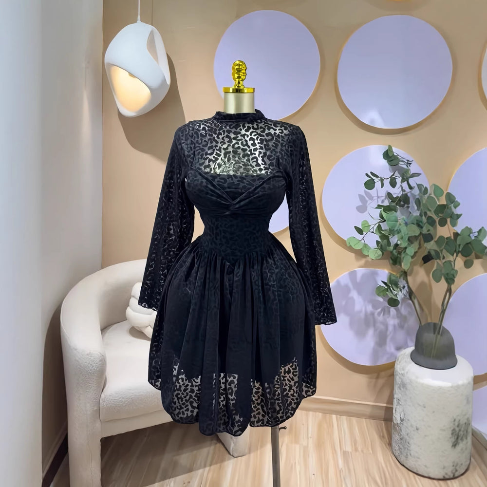 European and american cross-border women's fashion:  spring new arrival - solid color long sleeve stand collar sheer waist ruched mini dress