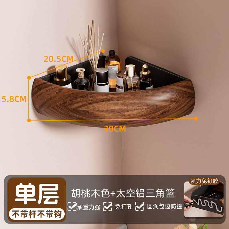 Walnut wood chinese style bathroom corner shelf - no drilling required - hand wash, toilet, and shower gel organizer
