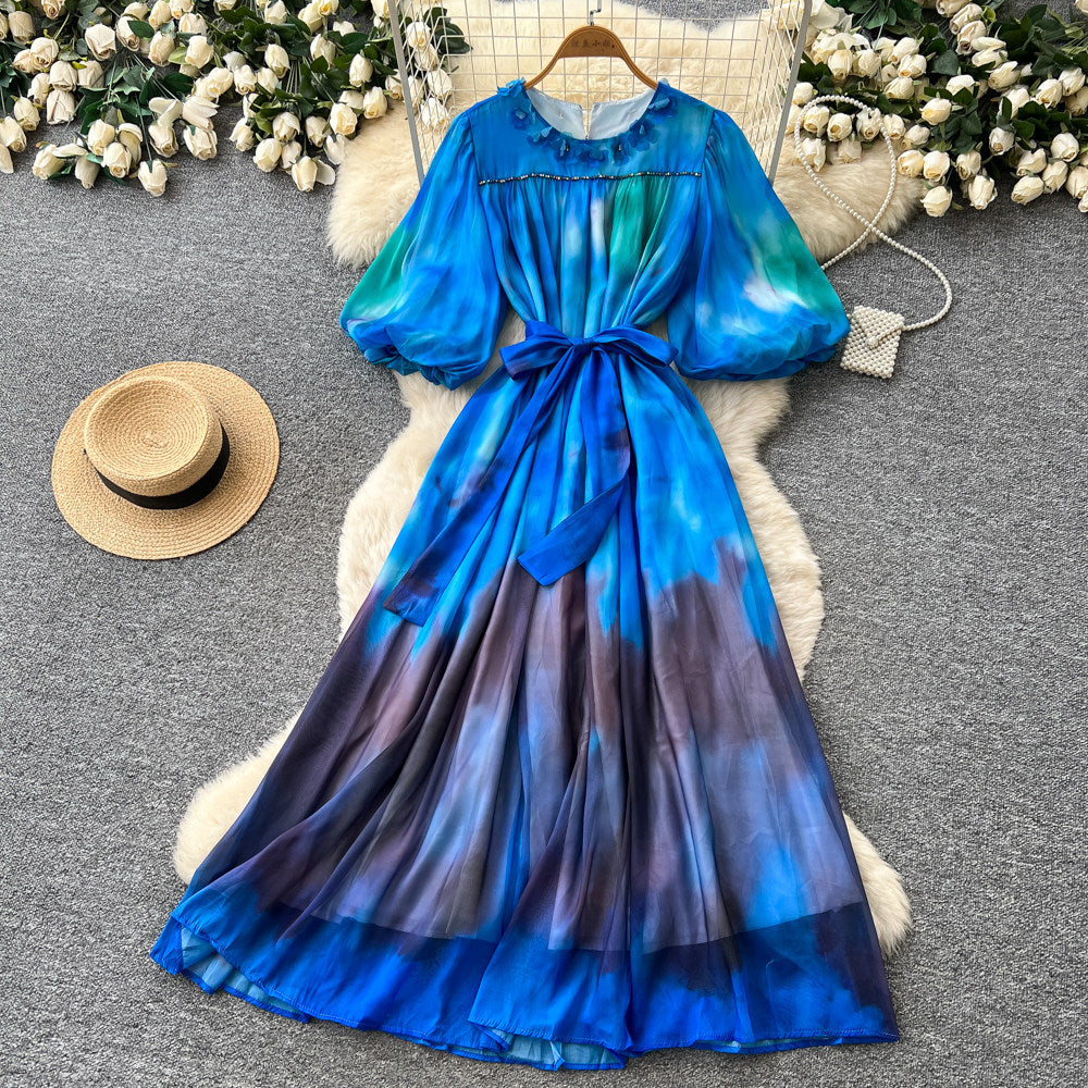 Frenchromantic style puff sleeve tie-dye dress women's summer k-style strappy waist a-line draped long skirt classy sense