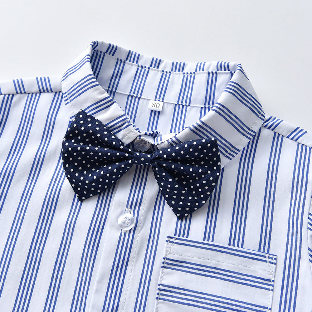 Boys' suit set: autumn long-sleeve striped shirt, overalls, bow tie - gentleman's outfit for baby's first birthday