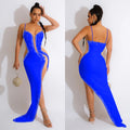 C6039   fashion women's solid color rhinestone hotfix long dress v-neck sleeveless spaghetti strap dress