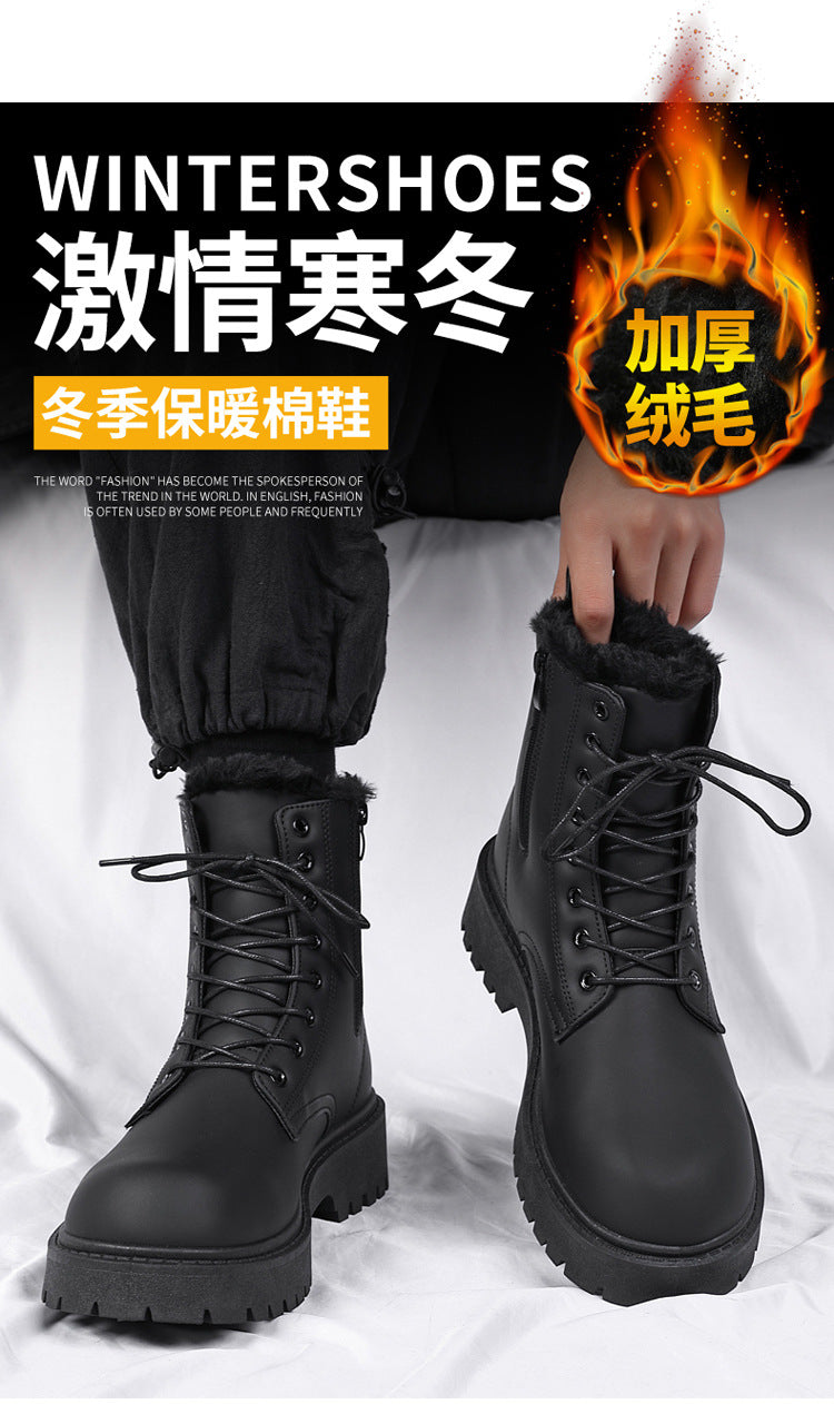 Boots men's new arrivalwinter black british style motorcycle zipper workwear boots high-top fleece-linedheattechcasual leather boots