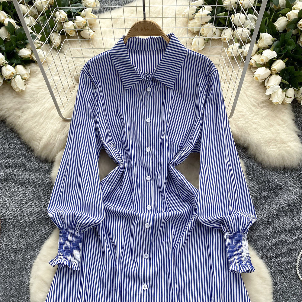 K-style chic style age-reducing stripesshirtdress women's long sleeves single-breasted slimming look longcasual skirt