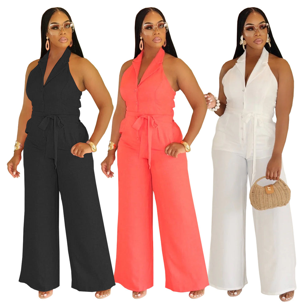 C7368 cross-border   fashion women's summer casual solid color v-neck backless jumpsuit new