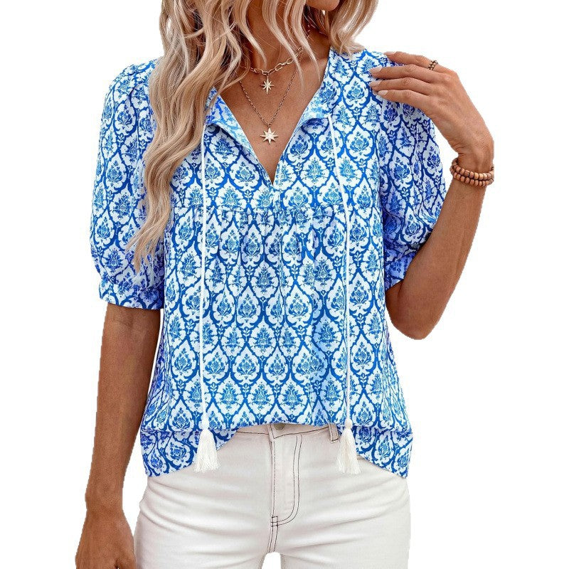 Bohemian chic short-sleeve shirt for women -  summer new arrival: tie-front v-neck printed loose-fit vacation top