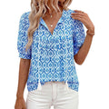 Bohemian chic short-sleeve shirt for women -  summer new arrival: tie-front v-neck printed loose-fit vacation top