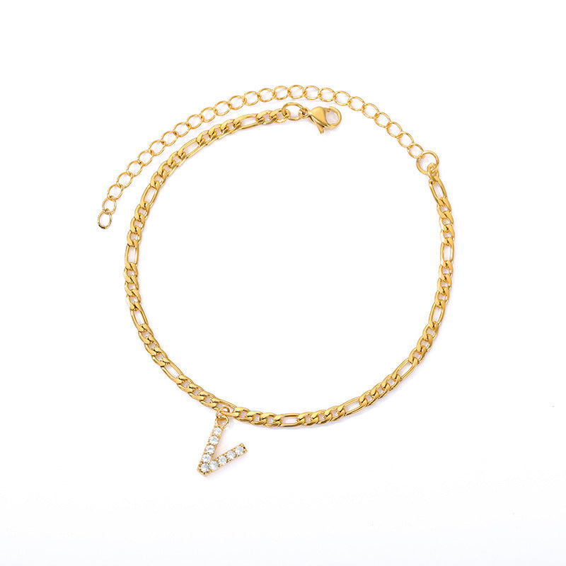 European and american minimalist micro-paved zircon stainless steel chain letter anklet - 26 english alphabet pendant anklet for couples