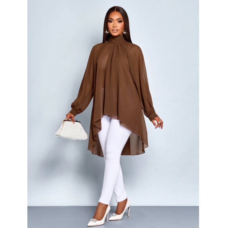 Shipped:  spring/summer new women's loose-fit versatile irregular chiffon long-sleeve fashion shirt