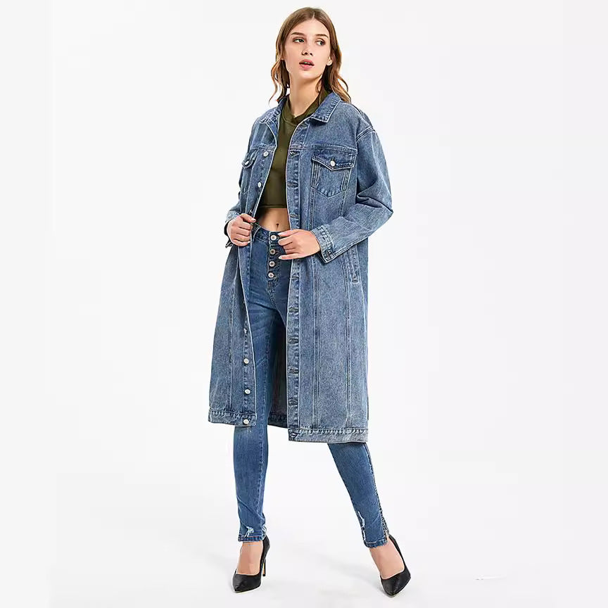 fashion style denim outwear women's hot-selling new arrival washed retro silmstylish street trendy long coat