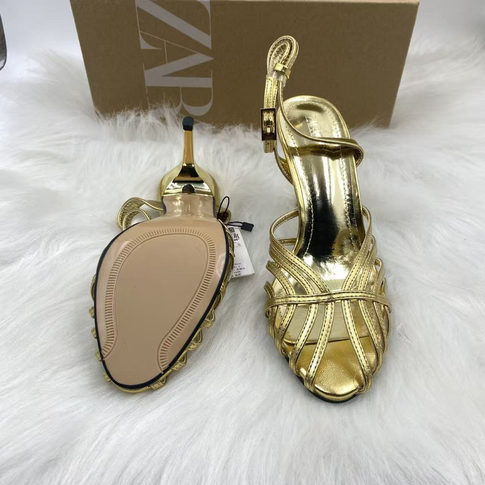 Za cross-border independent station insfashion catwalk electroplated steel heel one-word buckle strap simple open toe women's shoes sandals