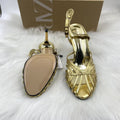 Za cross-border independent station insfashion catwalk electroplated steel heel one-word buckle strap simple open toe women's shoes sandals