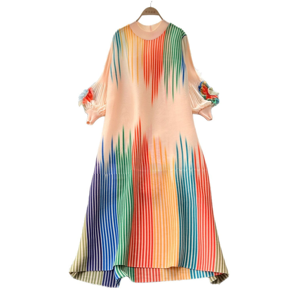 European and american chic gradient print dress - women's loose fit casual 3d floral lantern sleeve pleated maxi dress