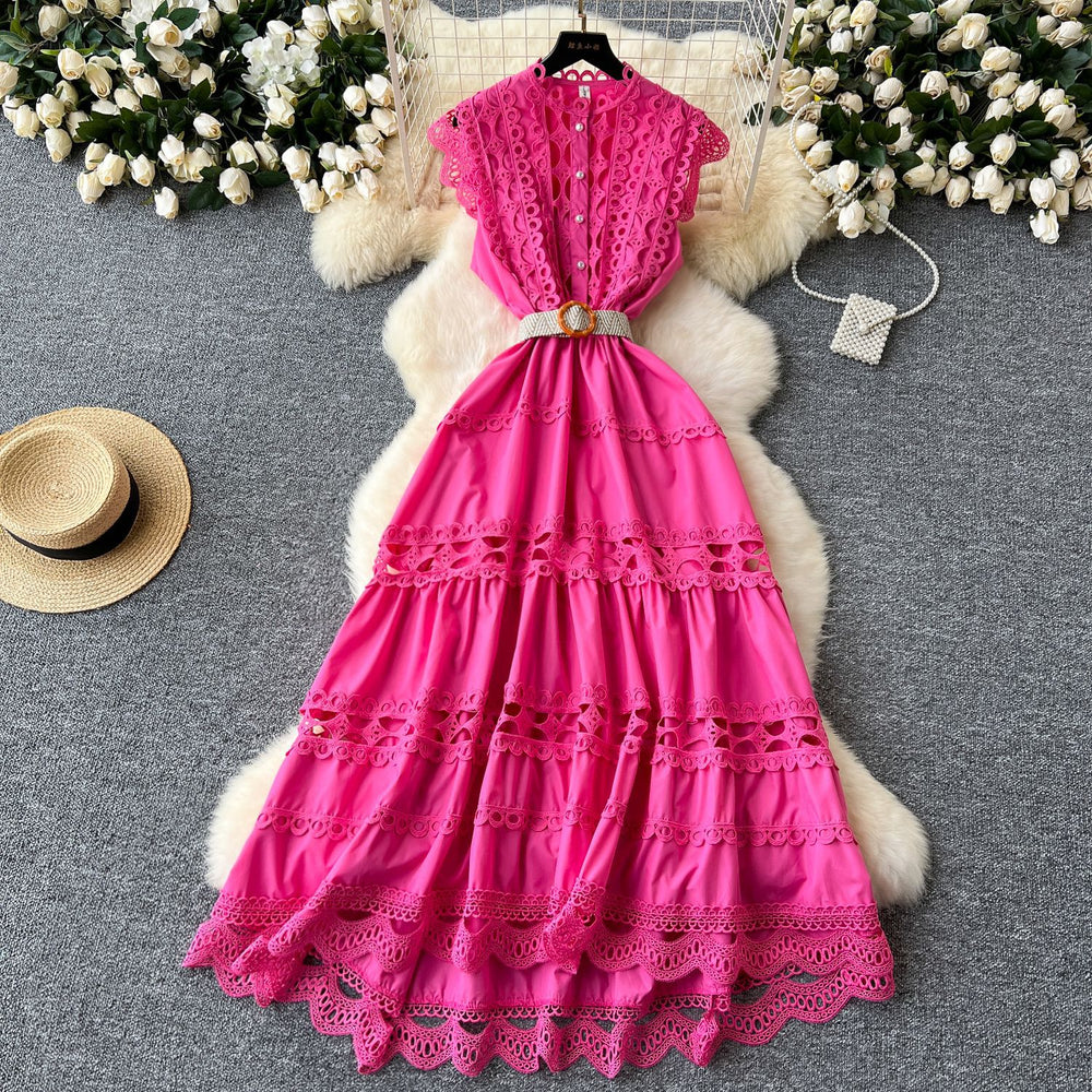 Palace retrofrenchlong dress women's fashionelegancecut outlacepatchwork sleeveless waist swing dress
