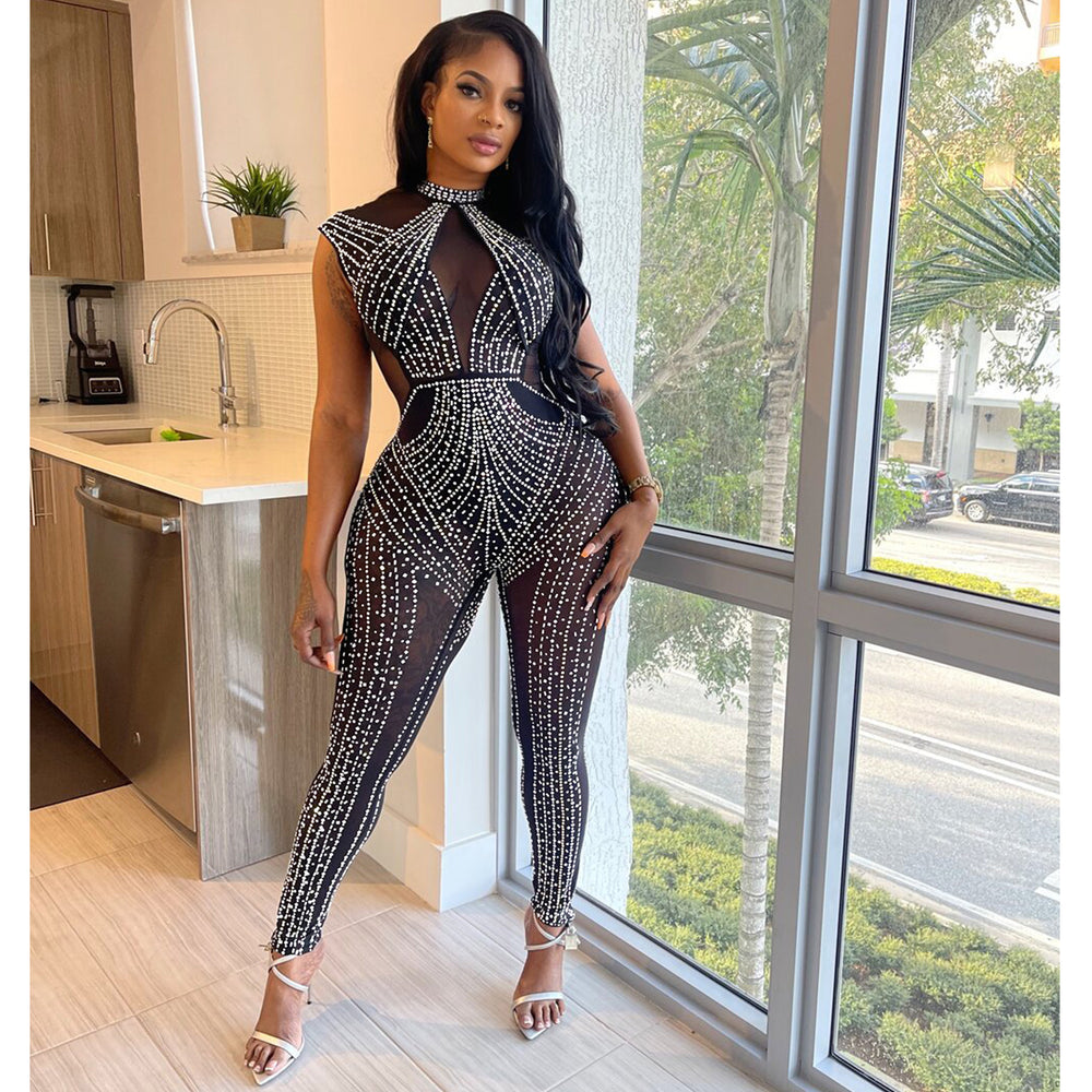 C6781 cross-border   fashion women's solid color mesh rhinestone sleeveless pants jumpsuit