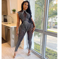 C6781 cross-border   fashion women's solid color mesh rhinestone sleeveless pants jumpsuit