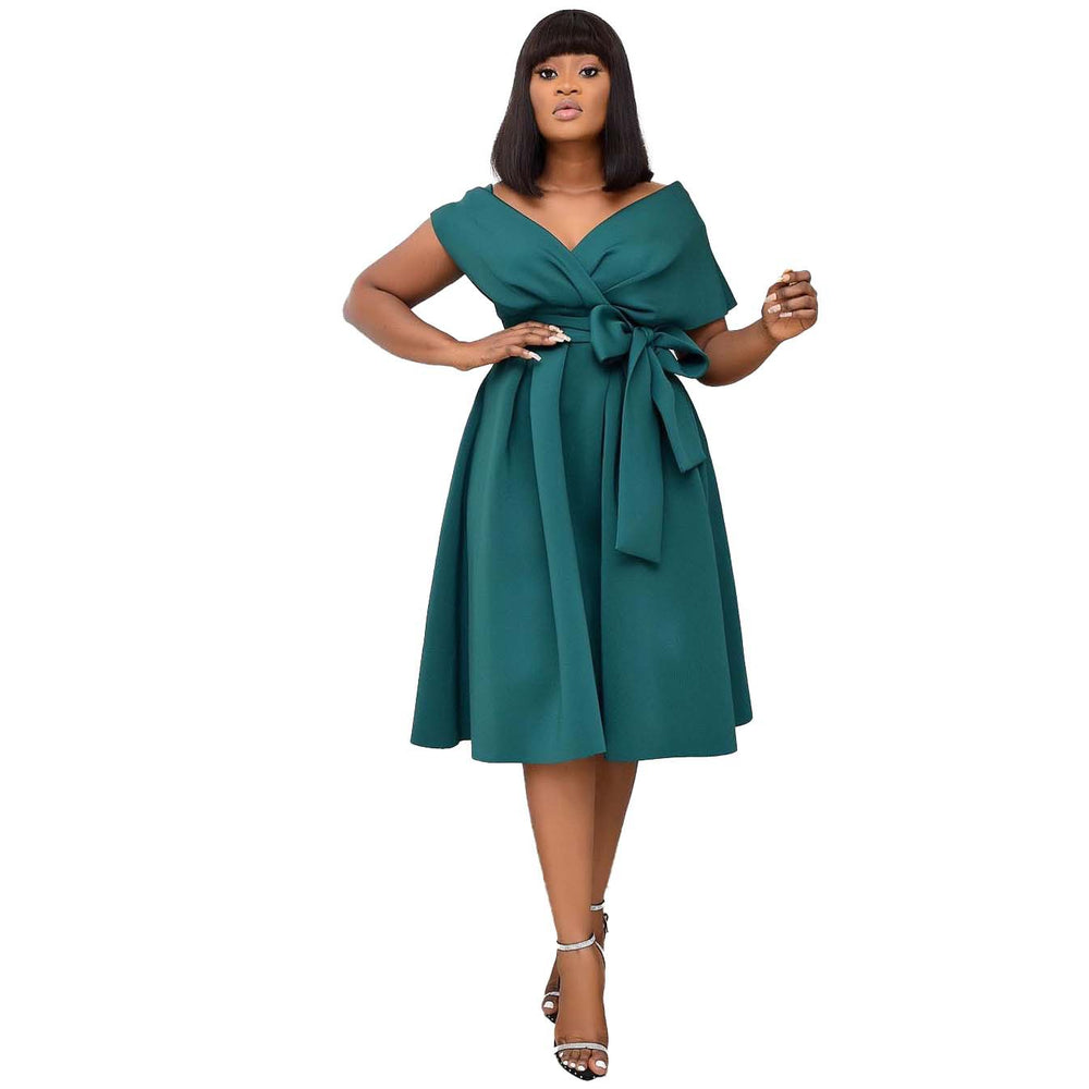 Q057 european and american clothing  new v-neck short sleeve swing dress with tie, plus size african style, cross-border e-commerce dress
