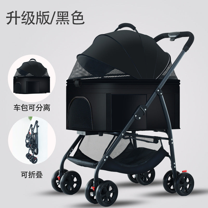 Lightweight foldable pet stroller cat dog carrier with detachable cage, portable small pet carriage with handbag and pet bed
