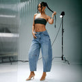 Fashionjeans women's patchworkhigh waist cocoon type scimitar pants retro light blue looseslimming lookshortloose pantsjeans