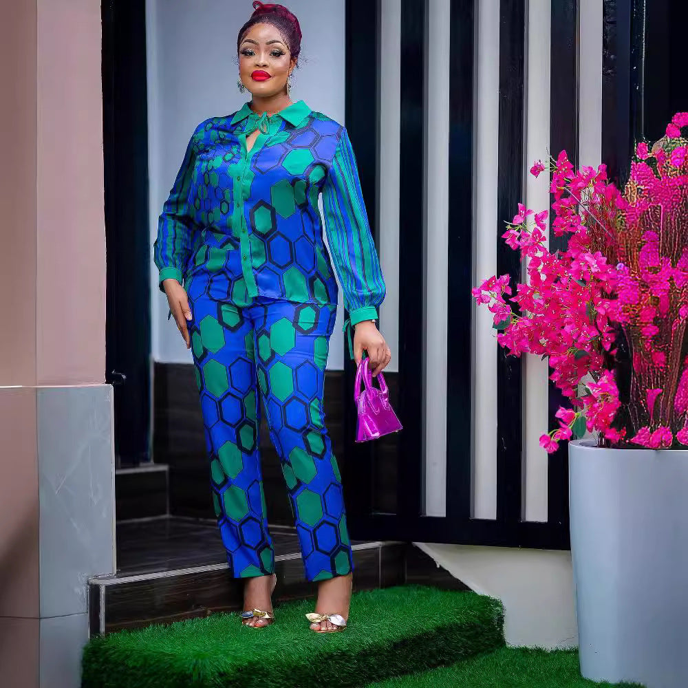 new african cross-border fashion: printed long-sleeve shirt and elastic waist pants casual set - basic women's apparel