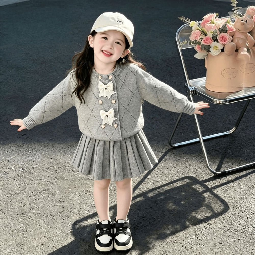 Girls' knit sweater set -  autumn/winter collection: chanel-inspired jacquard double-breasted cardigan & premium knit midi skirt two-piece set