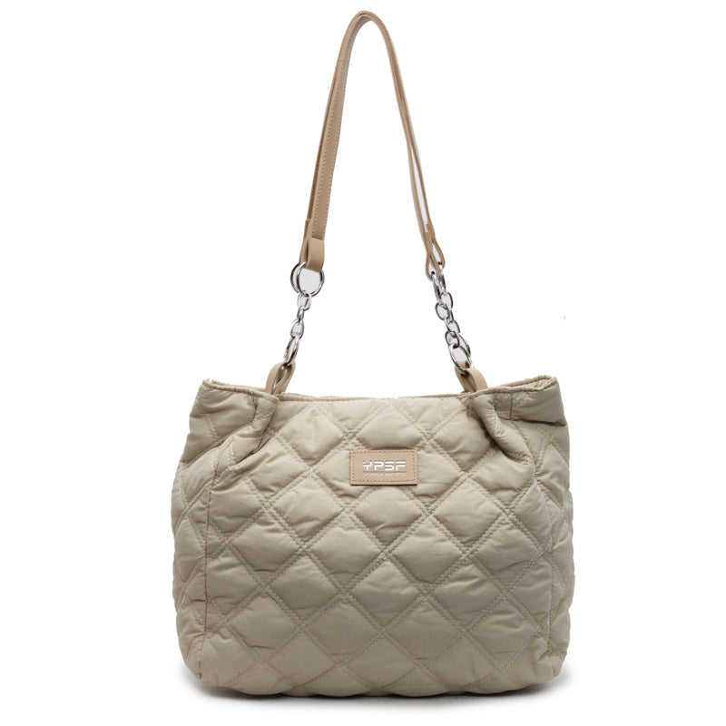 Simple casual tote bag women's spring and summer new large-capacity rhombus embroidered thread cotton bag class commuting versatile shoulder bag