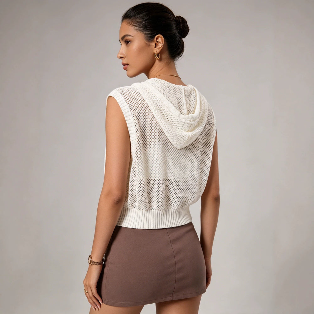 fashion cross-border hooded short drawstring sleeveless double zipper looseknittingvest vest women's sweater