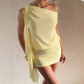 fashionelegant oblique shoulder dress ribbon off-shoulder pleated hip-covering waist slimming look short skirt for women summer