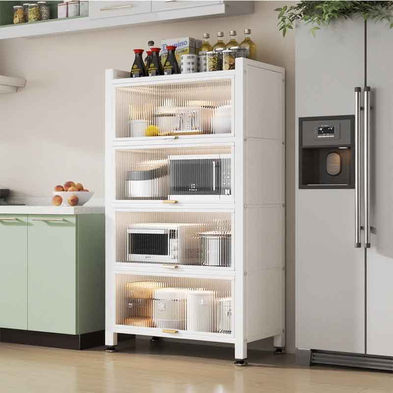 Multifunctional kitchen storage rack with cabinet doors, floor-standing, multi-tier, dustproof storage cabinet for microwave, pots, pans, and bowls