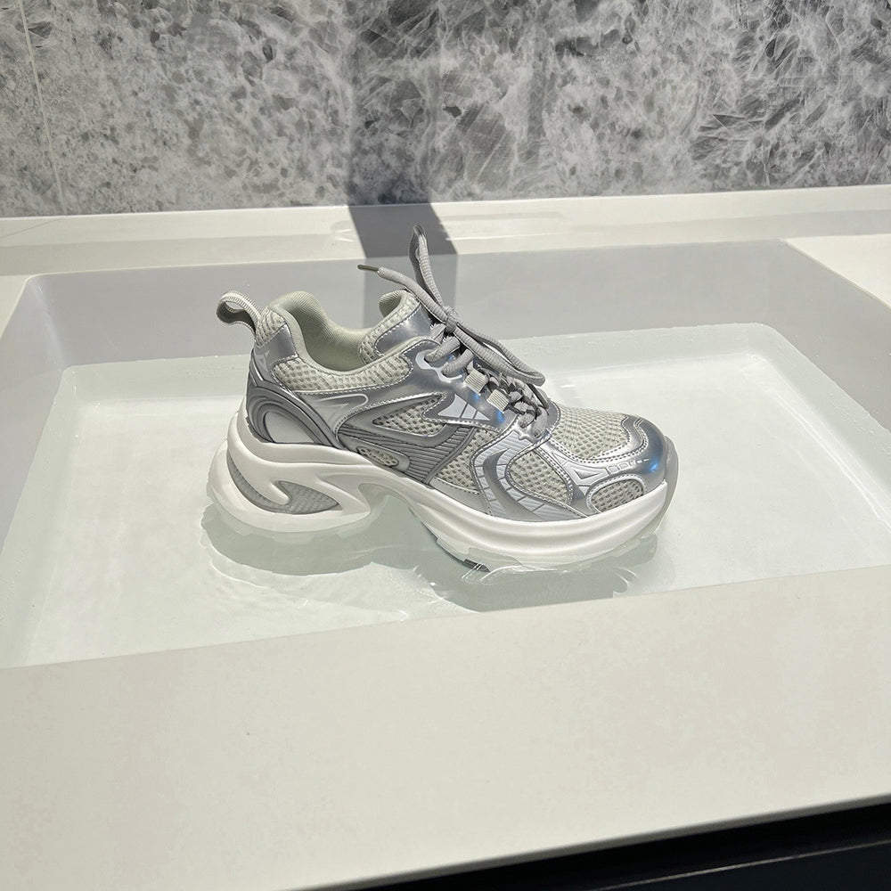 2026 spring/autumn new collection: chunky platform breathable mesh height-increasing dad shoes - space silver thick sole casual sneakers for women