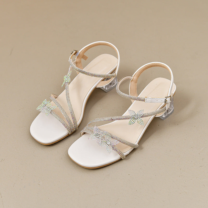 Silver high heel sandals women's summer dress fairy style crystal bow square toe open toe transparent chunky heel sandals