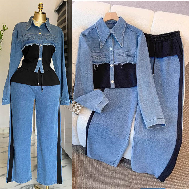 Denim patchwork fashion casual set - new spring/autumn long sleeve top + wide leg pants two-piece outfit
