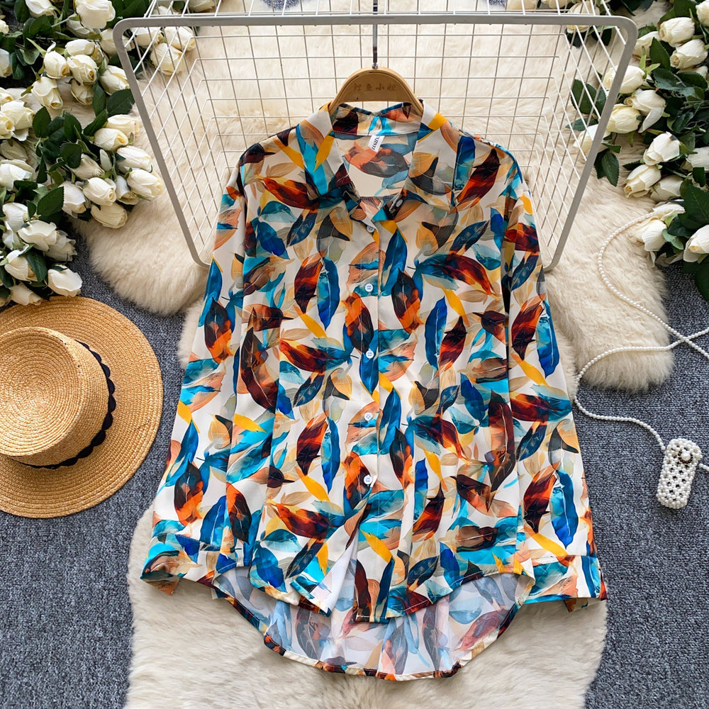 Vacation style printingcomfortable breathable easiest for match shirt women's summerloosecardigan style easiest for matchslimming looktops