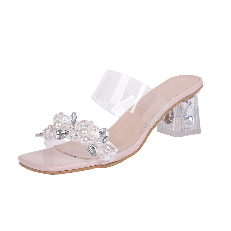 French transparent crystal rhinestone chunky heel slippers women's shoes 2024 new summer outdoor wear rhinestone high heel sandals plus size
