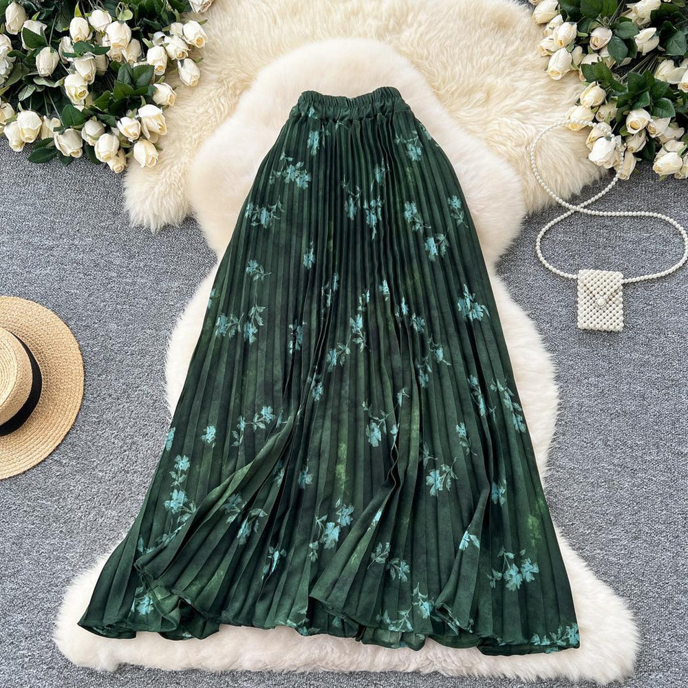 Chiffon midi skirt - women's autumn  new arrival: flattering, flowy, a-line skirt with pleats and floral print