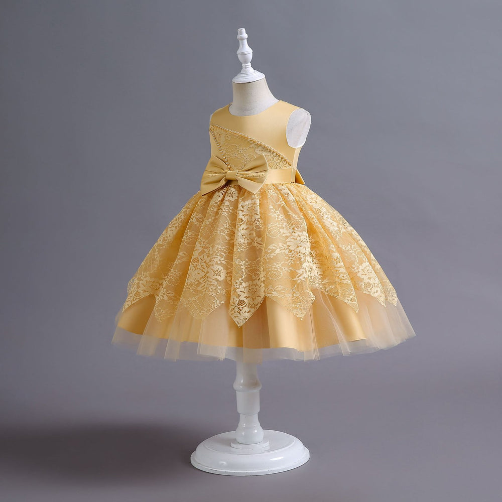 Ready-to-ship wholesale children's formal dresses, beaded floral patterned princess dresses for girls, perfect for everyday wear, birthdays, and banquets, made with satin fabric
