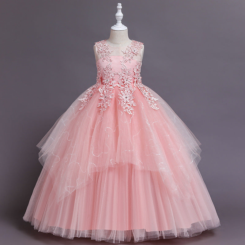 exclusive children's dress, sequined floral princess dress, runway piano performance host costume, girls' dress