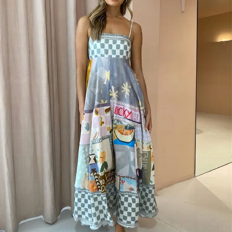 cross-border e-commerce european and american women's clothing: new summer collection - graffiti print, high-waisted cami dress with vacation vibes