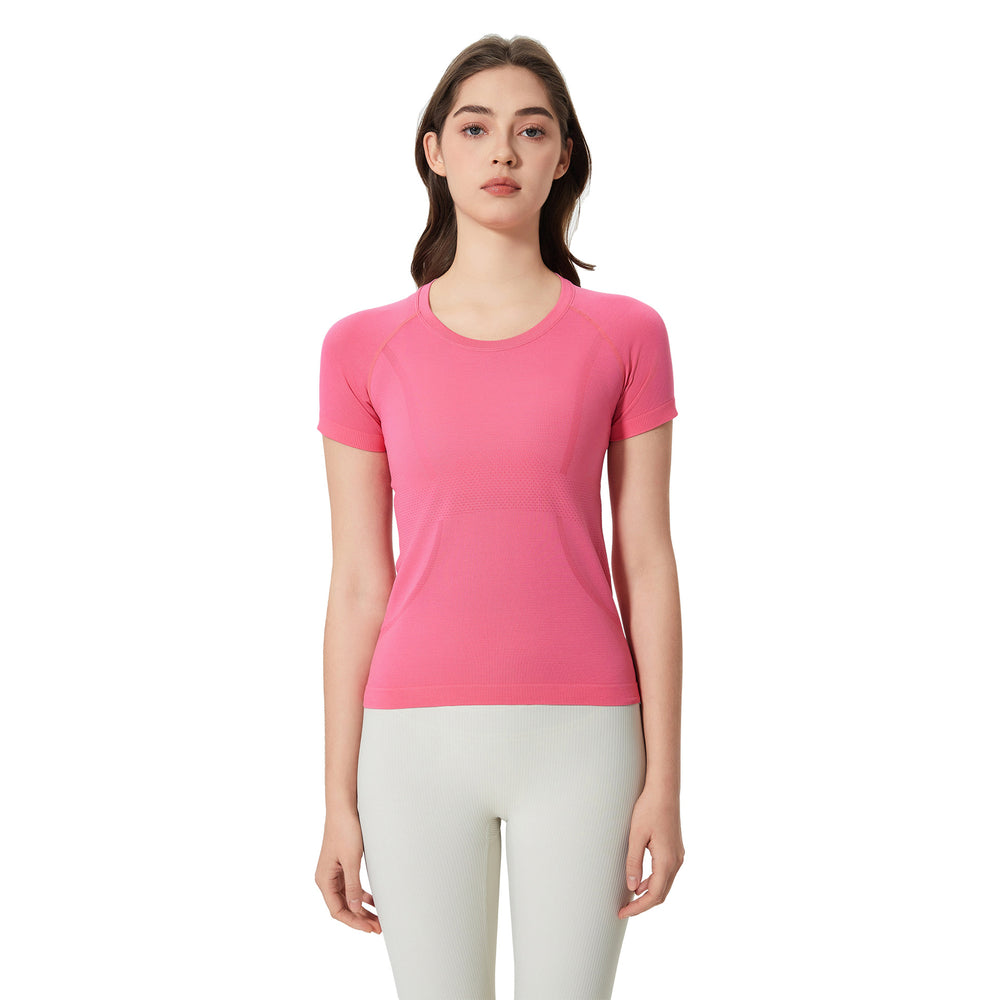 Summer seamless one-piece knit crew neck yoga top - slim fit, quick-dry, breathable running & workout short sleeve tee for women - d25073