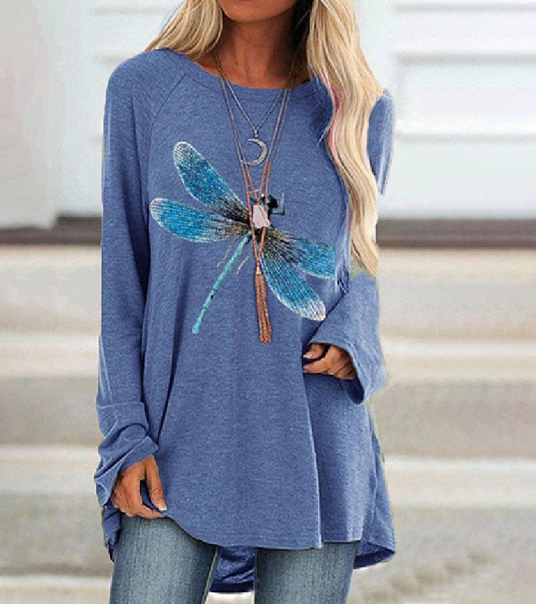 2025 amazon wish european and american new women's long-sleeve crew neck dragonfly print plus size t-shirt - casual and versatile