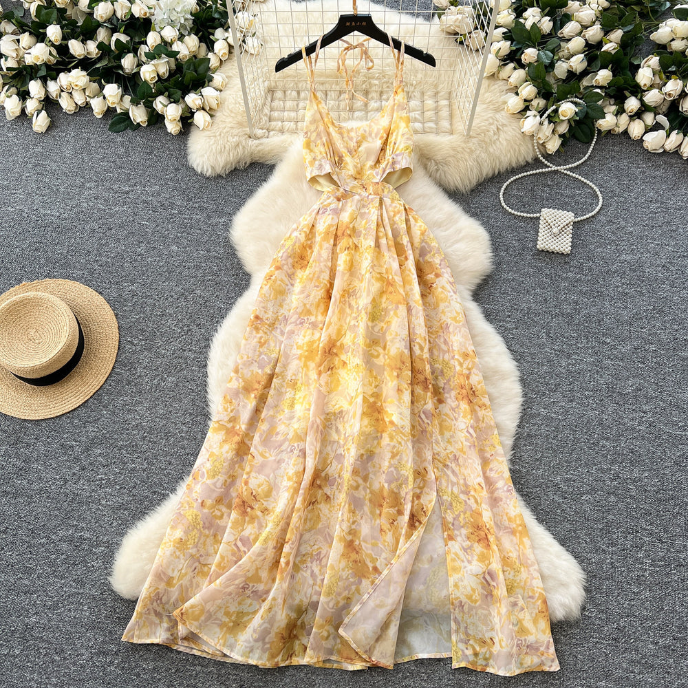 Tea break frenchretro floral chiffon dress women's  spring sexycut out halter suspender vacation long dress