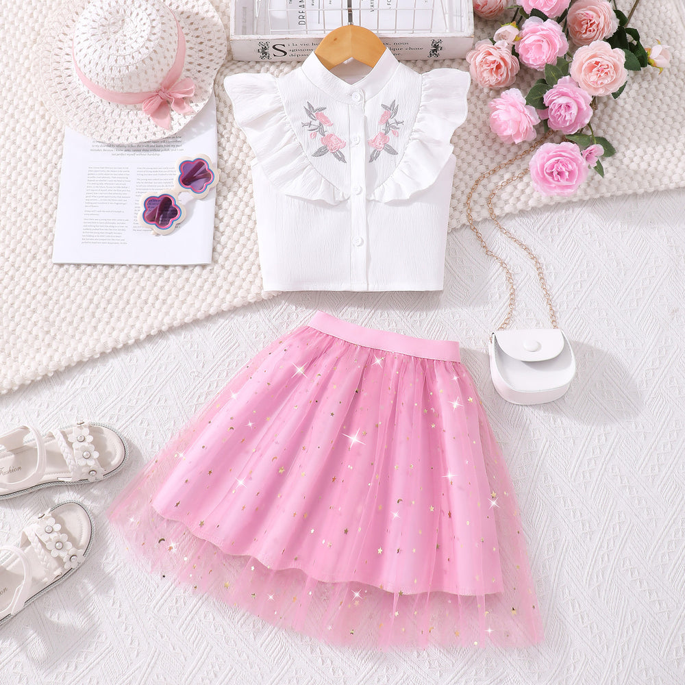 Girls' outfit set: embroidered top + skirt two-piece set